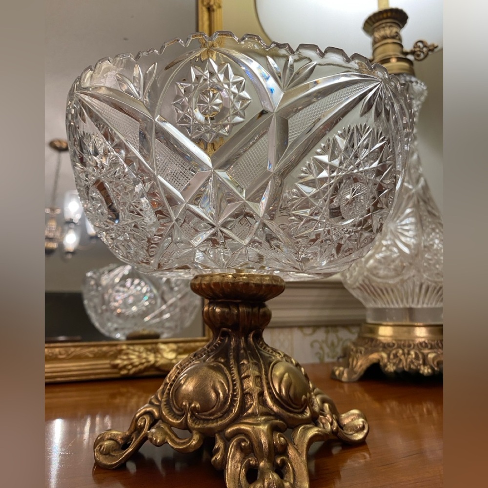 Antique Cut Glass Crystal Compote Centerpiece Bowl Brass Pedestal Ornate Decor